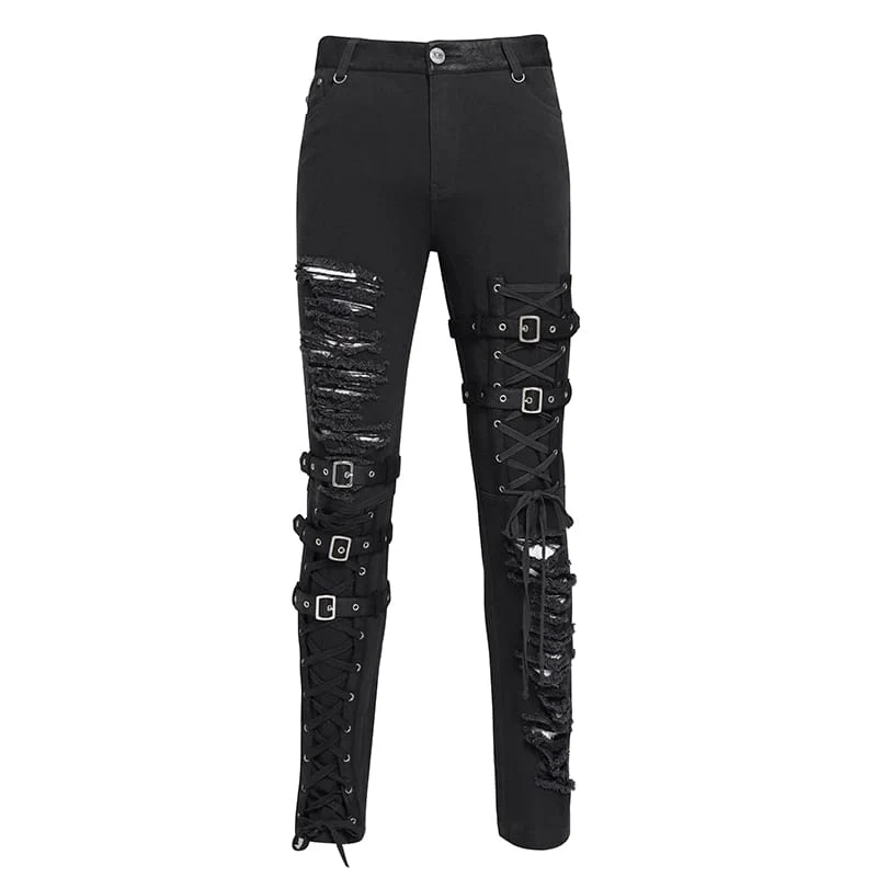 Herren Punk Ripped Straps Hose mit geradem Bein
