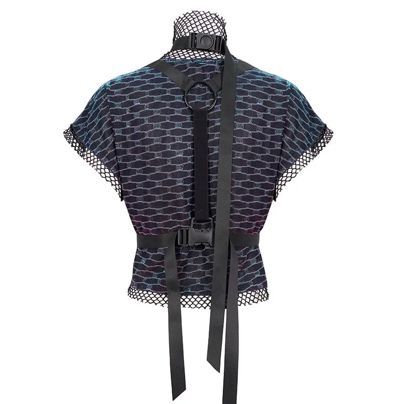 Crop-Top aus gespleißtem Mesh mit Grunge-Scaly-Print und Schnallenriemen für Damen