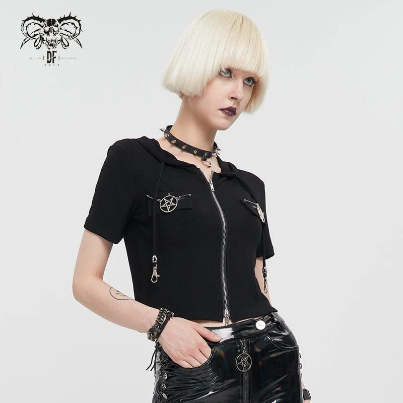 Damen Punk Metal Star Kurzarm Crop Top mit doppeltem Reißverschluss