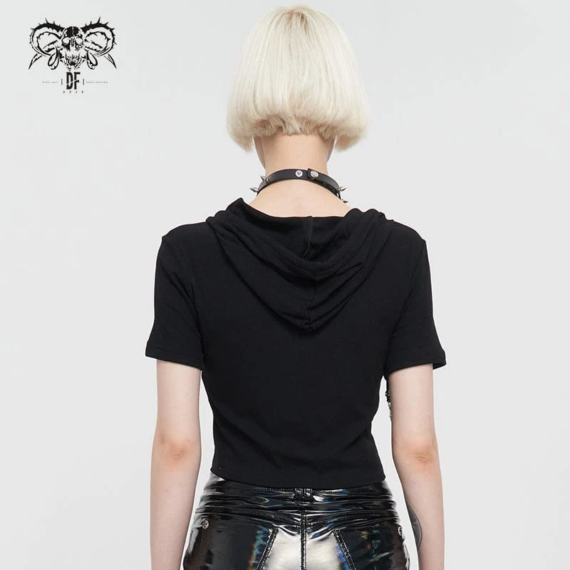 Damen Punk Metal Star Kurzarm Crop Top mit doppeltem Reißverschluss