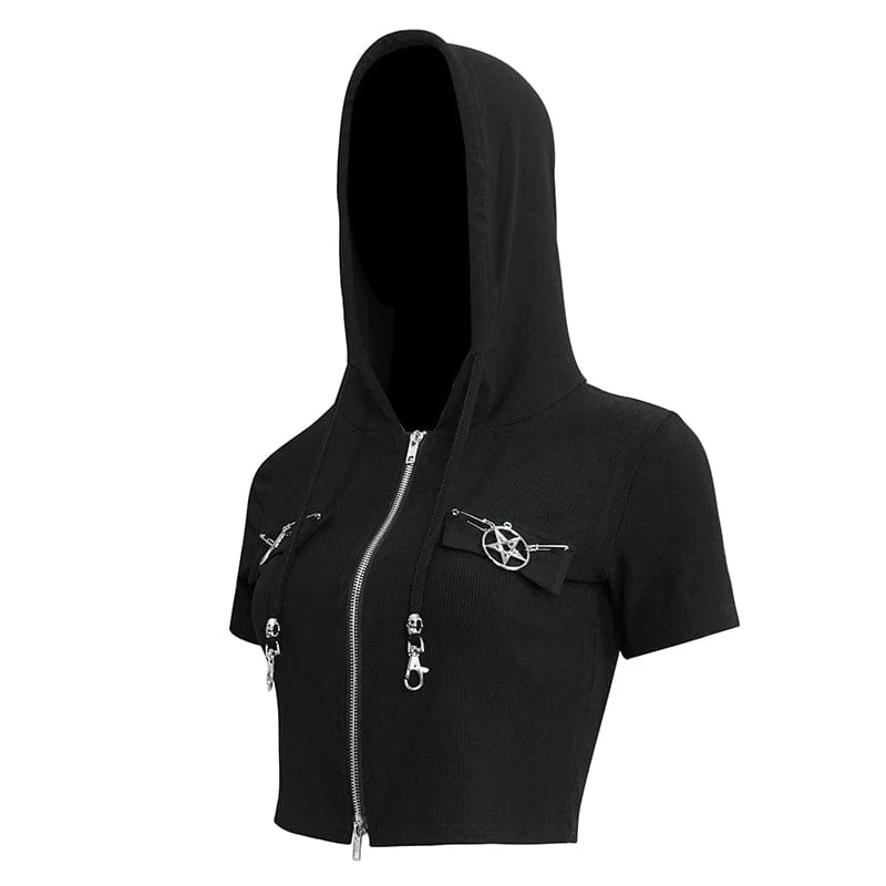 Damen Punk Metal Star Kurzarm Crop Top mit doppeltem Reißverschluss