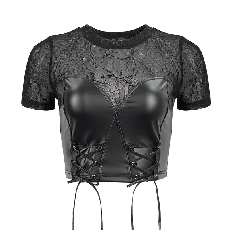Damen Punk Strappy Mesh Splice Kunstleder Crop Top