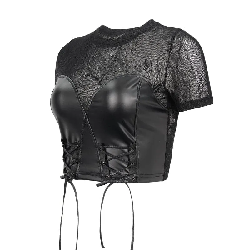 Damen Punk Strappy Mesh Splice Kunstleder Crop Top