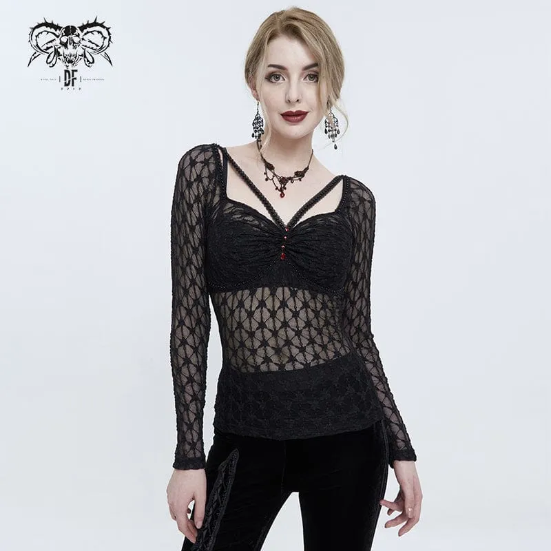 Damen-Punk-Perlen-Sheer-Mesh-Shirt