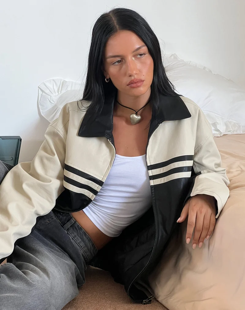 Calista Jacke in PU Schwarz mit Elfenbein