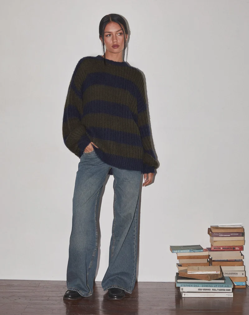 Daren Gestrickter Pullover in Übergröße in Khaki und Marineblau gestreift
