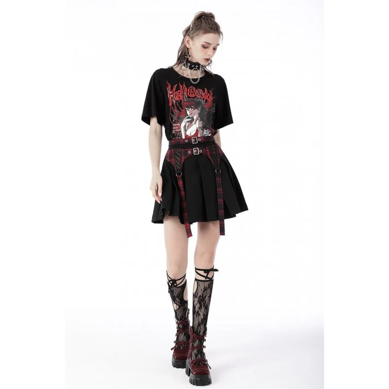 Damen Punk Rock Faltenrock mit rot kariertem Riemen