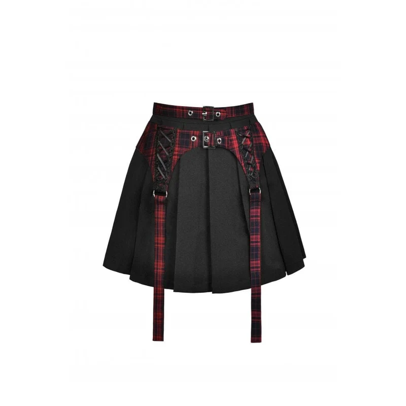 Damen Punk Rock Faltenrock mit rot kariertem Riemen