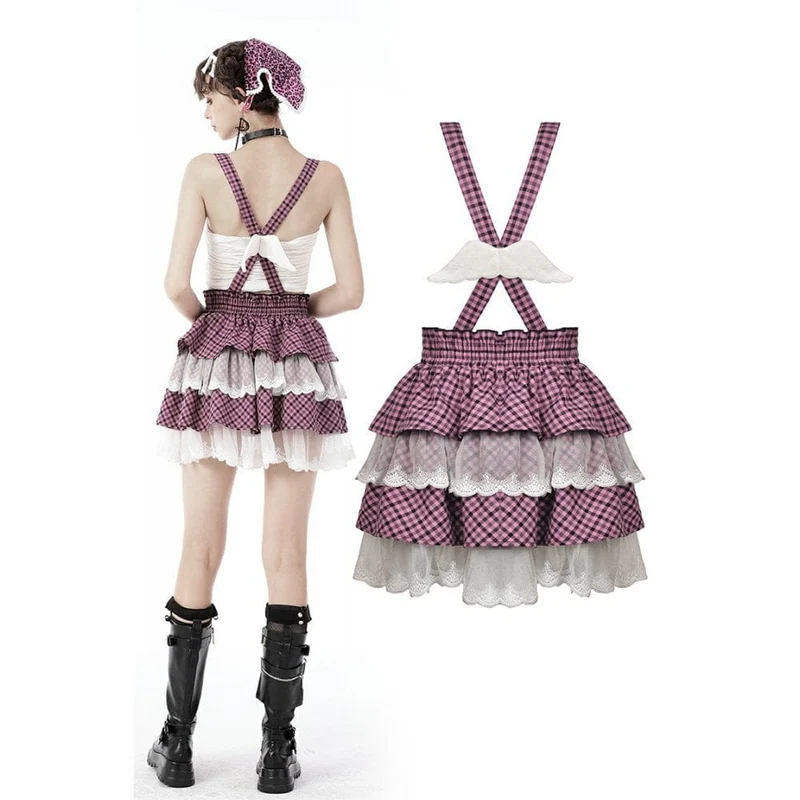 Damen Lolita Angel Mehrschichtiger karierter Hosenträgerrock