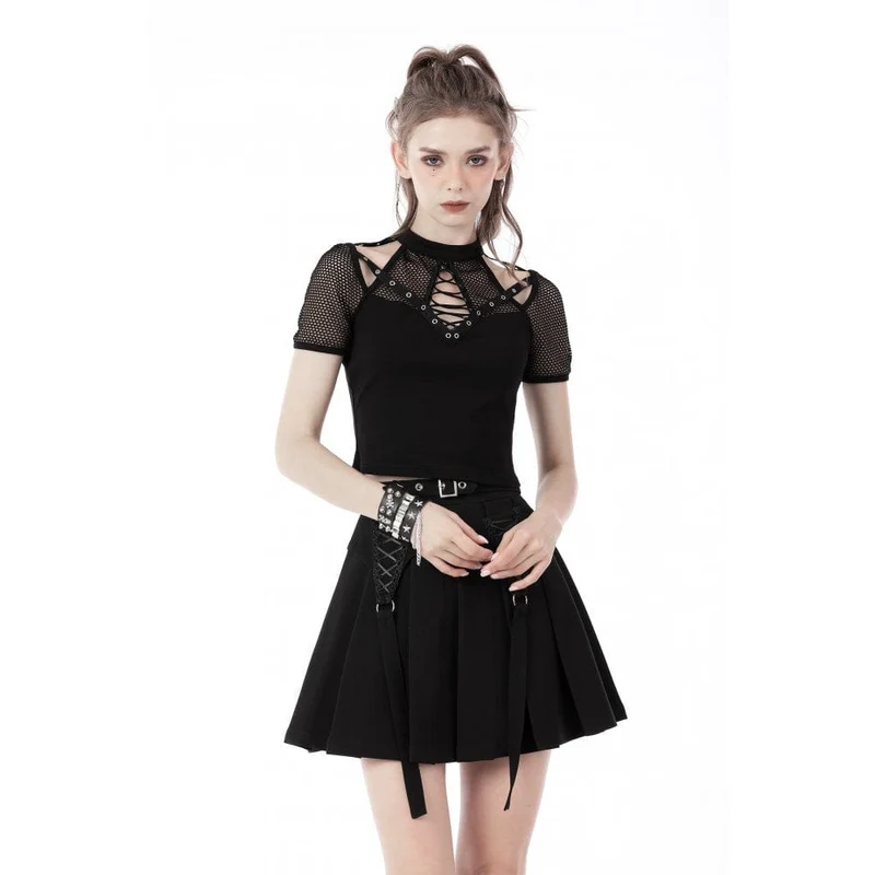Kurzärmliges Mesh-Oberteil mit Punkrock-Ausschnitt für Damen