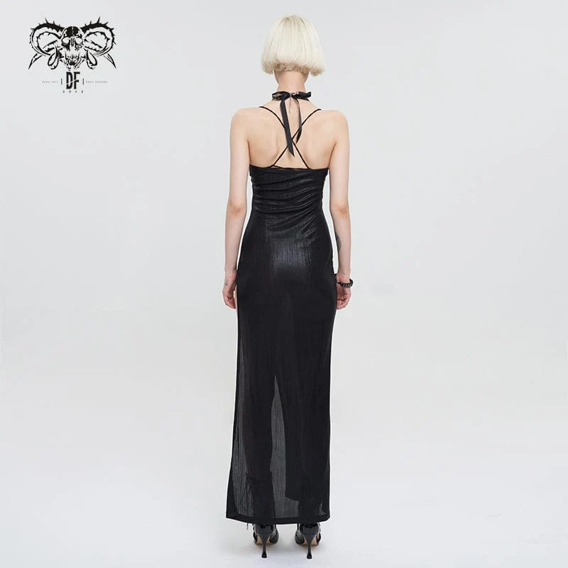 Damen Gothic Riemchen Kette Split Neckholder Kleid