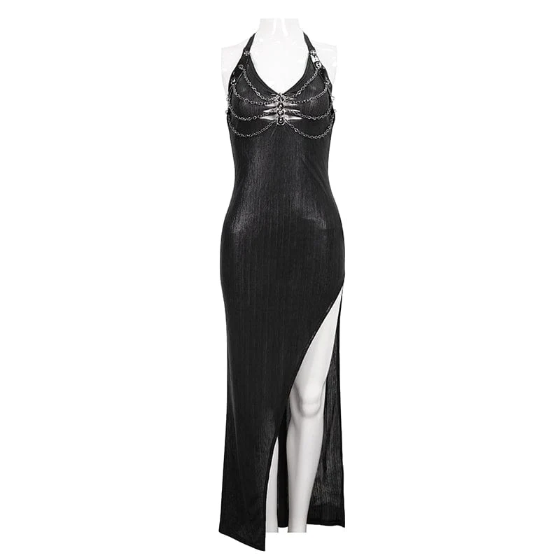 Damen Gothic Riemchen Kette Split Neckholder Kleid