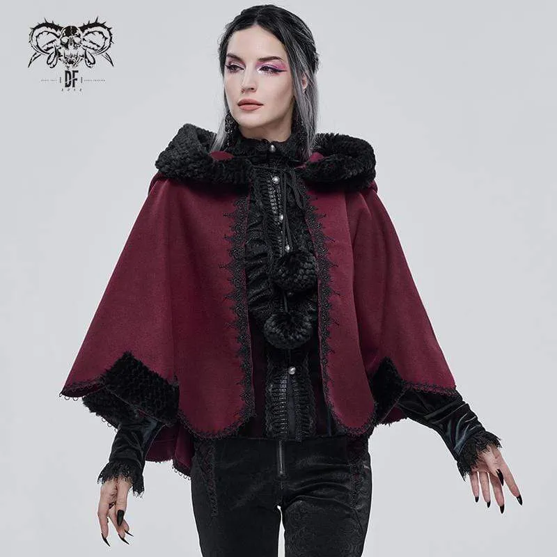 Gothic Blumenstickerei Spleiß Cape für Damen mit Kapuze Rot