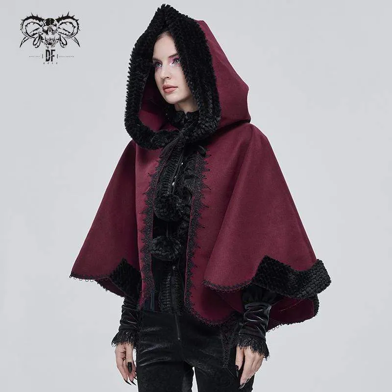 Gothic Blumenstickerei Spleiß Cape für Damen mit Kapuze Rot