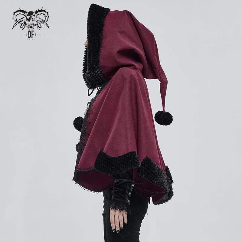 Gothic Blumenstickerei Spleiß Cape für Damen mit Kapuze Rot