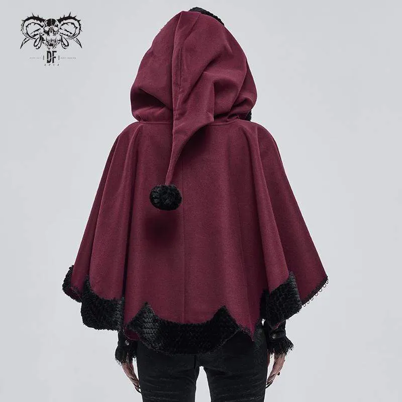 Gothic Blumenstickerei Spleiß Cape für Damen mit Kapuze Rot