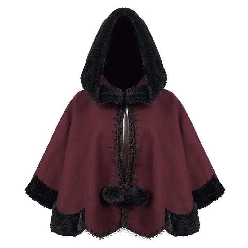 Gothic Blumenstickerei Spleiß Cape für Damen mit Kapuze Rot