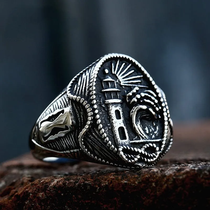 Gravierter Punk-Leuchtturm-Ring für Herren