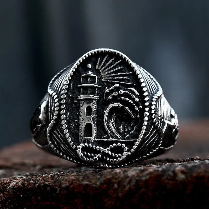 Gravierter Punk-Leuchtturm-Ring für Herren