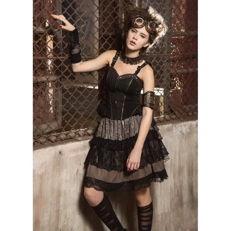 Damen Steampunk Lace Splice Layered Rock
