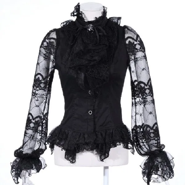 Damen-Steampunk-Hemd mit Puffärmeln und Spitzenspleiß mit Halsbekleidung