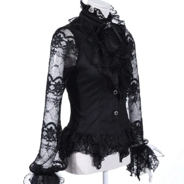Damen-Steampunk-Hemd mit Puffärmeln und Spitzenspleiß mit Halsbekleidung