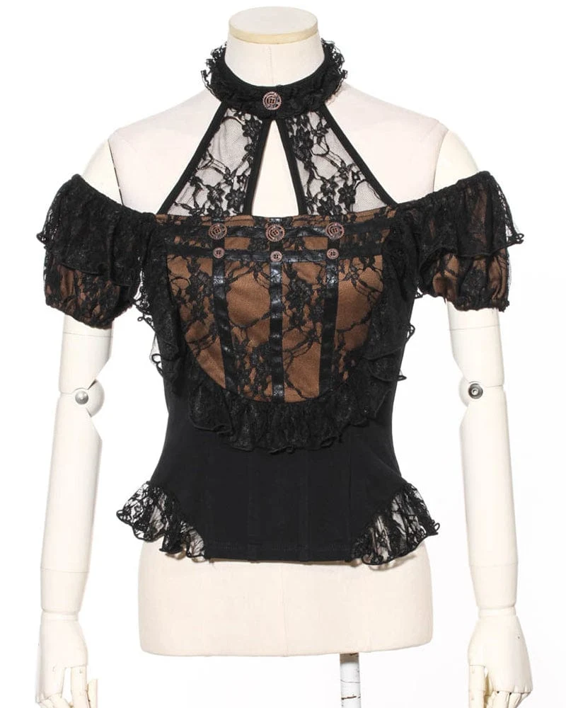 Damen Steampunk schulterfreies Neckholder Top mit Spitzenspleiß