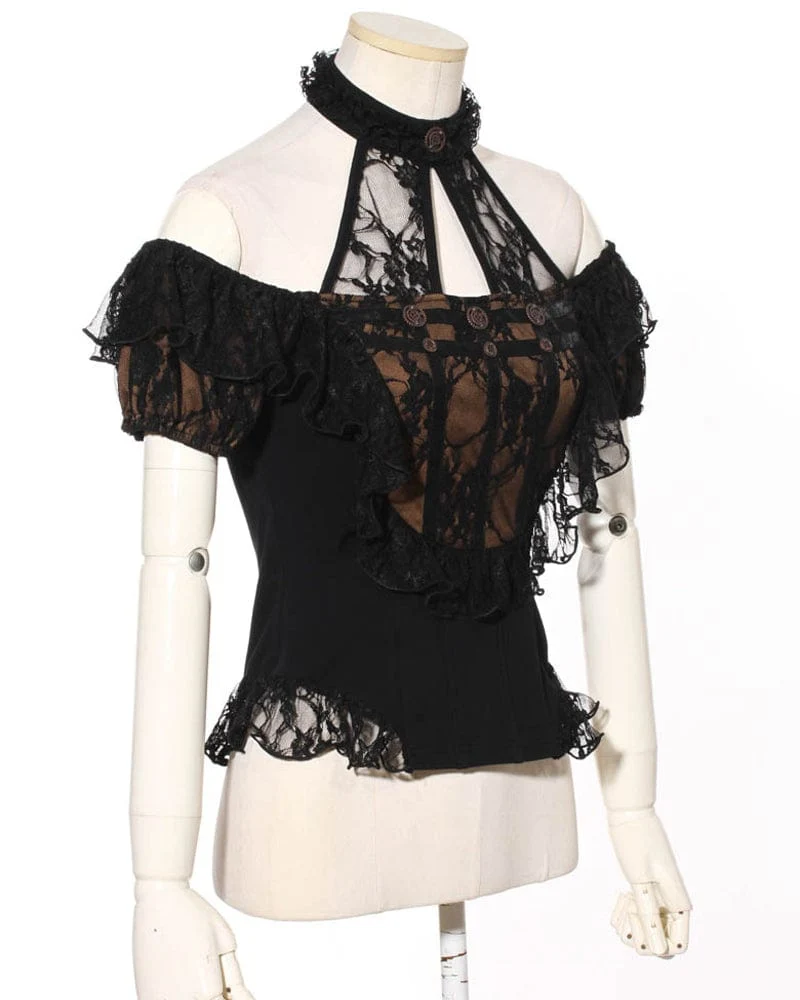 Damen Steampunk schulterfreies Neckholder Top mit Spitzenspleiß