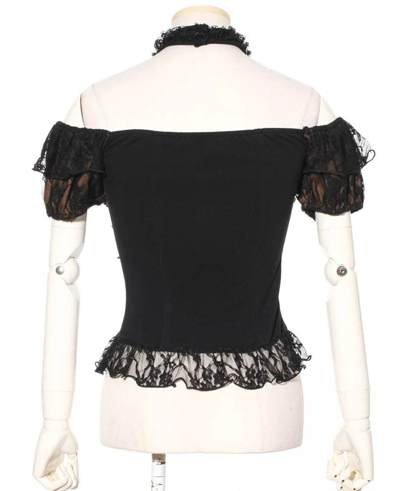 Damen Steampunk schulterfreies Neckholder Top mit Spitzenspleiß