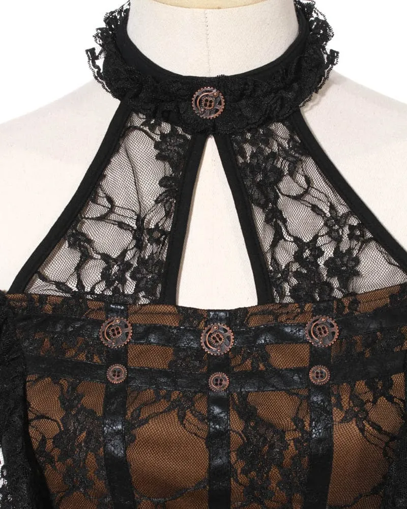 Damen Steampunk schulterfreies Neckholder Top mit Spitzenspleiß