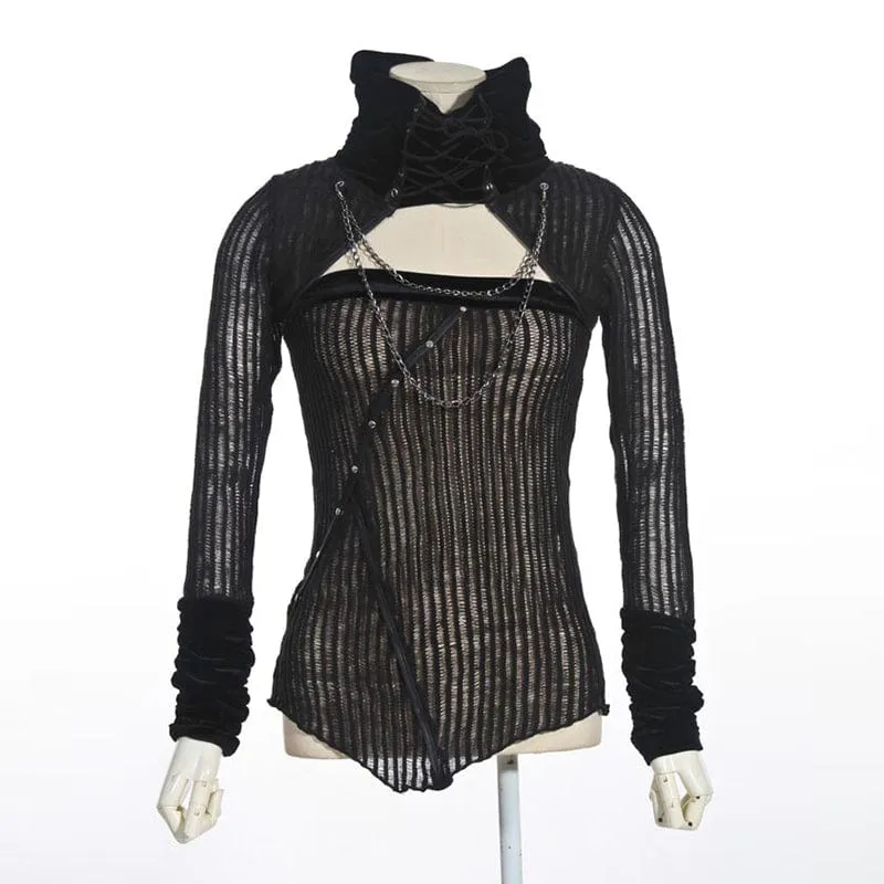 Damen-Steampunk-Riemchen-Stehkragenausschnitt-Strickhemd