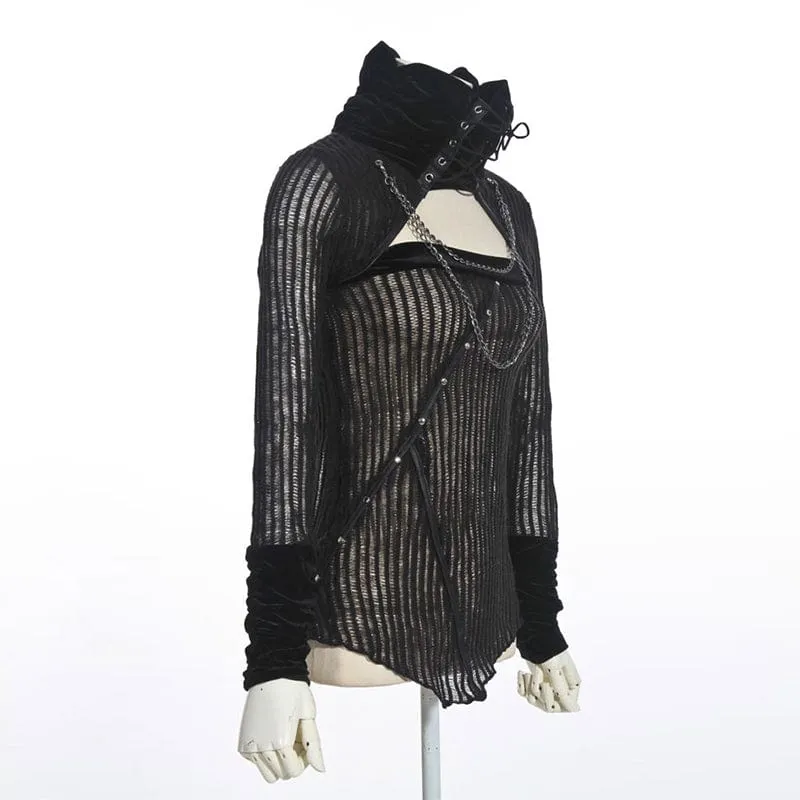 Damen-Steampunk-Riemchen-Stehkragenausschnitt-Strickhemd