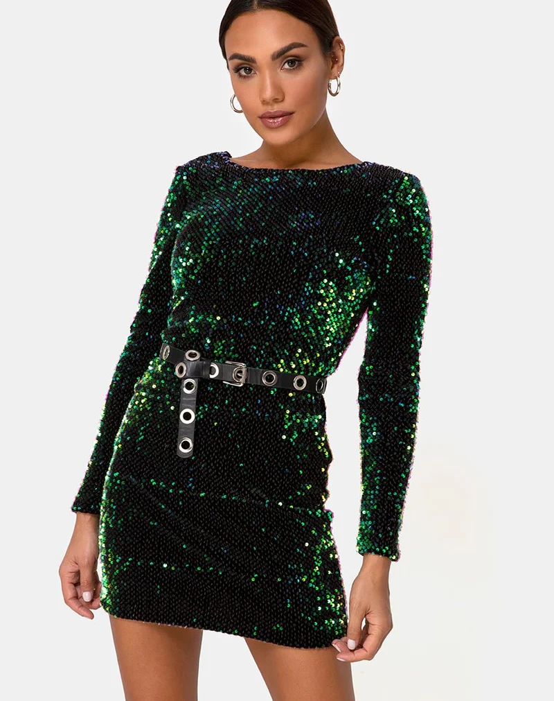 MOTEL DELUXE Gabby Pailletten Kleid mit tiefem Rücken in schillerndem Grün