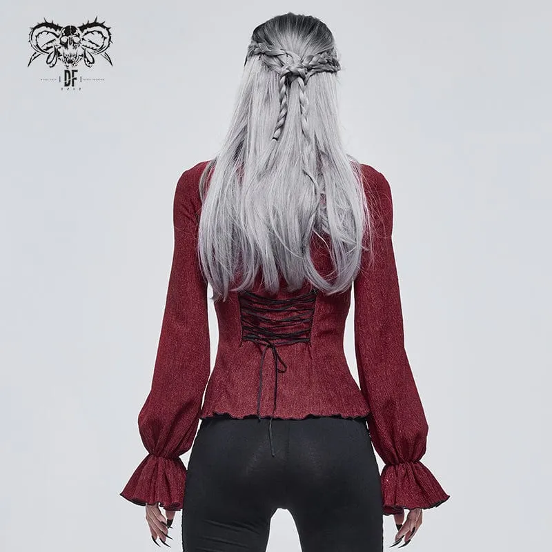 Damen Gothic Riemchen Puffärmel gerafftes rotes Shirt