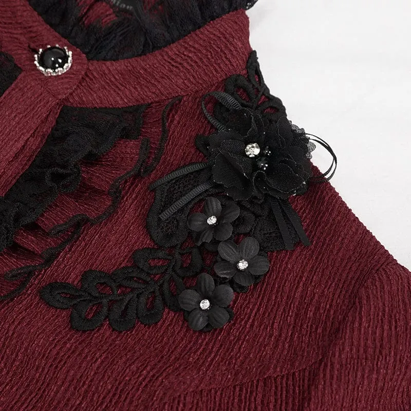 Damen Gothic Riemchen Puffärmel gerafftes rotes Shirt