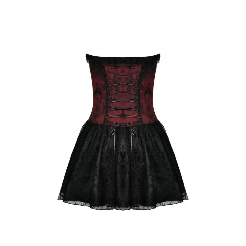 Gothic-Kleid für Damen mit Frontreißverschluss, kontrastfarbener Spitze, trägerlos, Abschlusskleid
