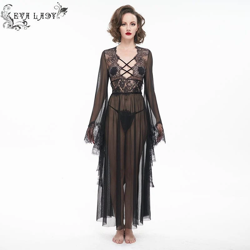 Gothic Flare Sleeved Backless Sheer Sexy Nachthemd für Damen