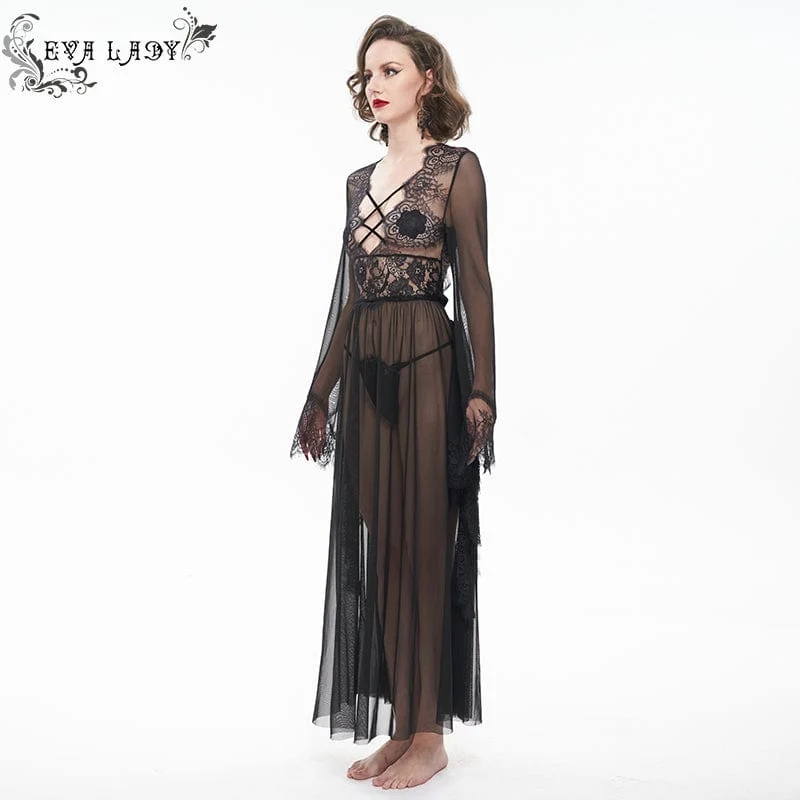 Gothic Flare Sleeved Backless Sheer Sexy Nachthemd für Damen