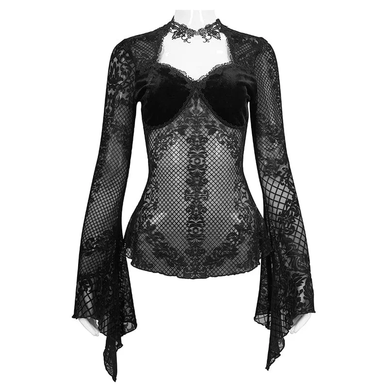 Gothic Cutout Flare Sleeved Lace Shirt für Damen