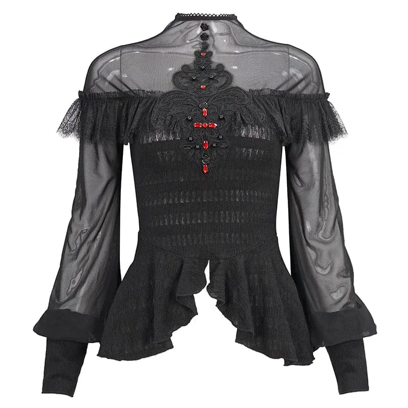 Damen Gothic Cape Sleeved Lace Rüschen Shirt