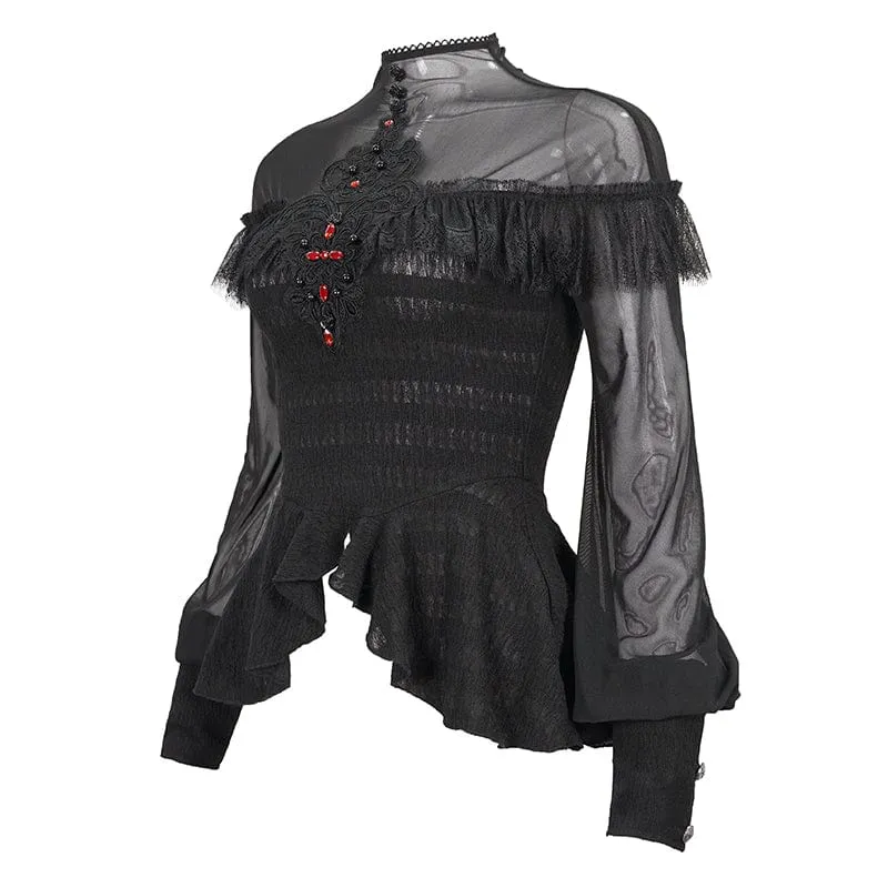 Damen Gothic Cape Sleeved Lace Rüschen Shirt