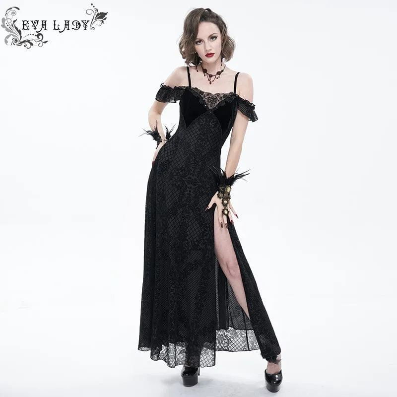 Schulterfreies Gothic-Hochzeitskleid mit seitlichem Schlitz und floraler Spitze für Damen