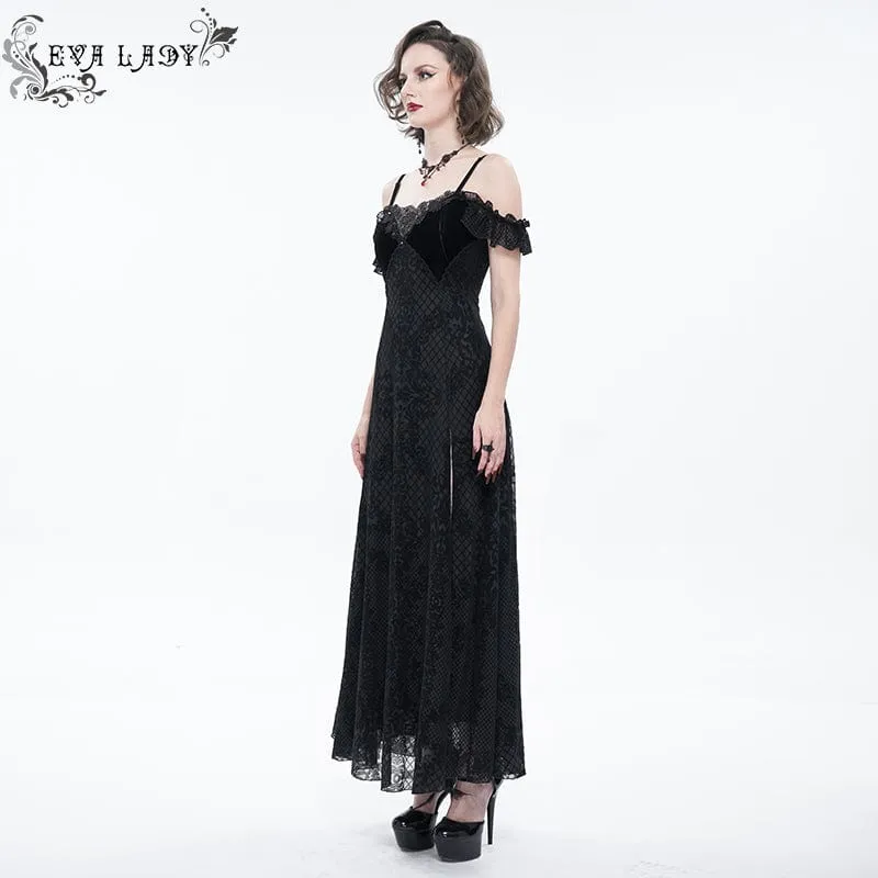 Schulterfreies Gothic-Hochzeitskleid mit seitlichem Schlitz und floraler Spitze für Damen
