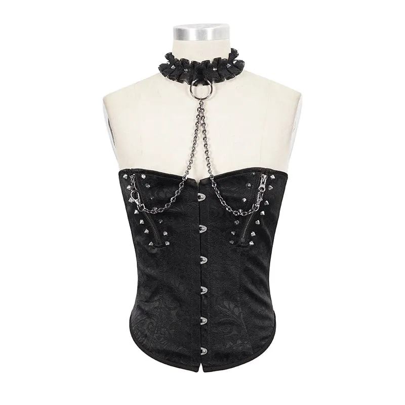 Damen-Gothic-Nieten-Blumen-Vollbrust-Korsetts mit Spitzen-Halsband