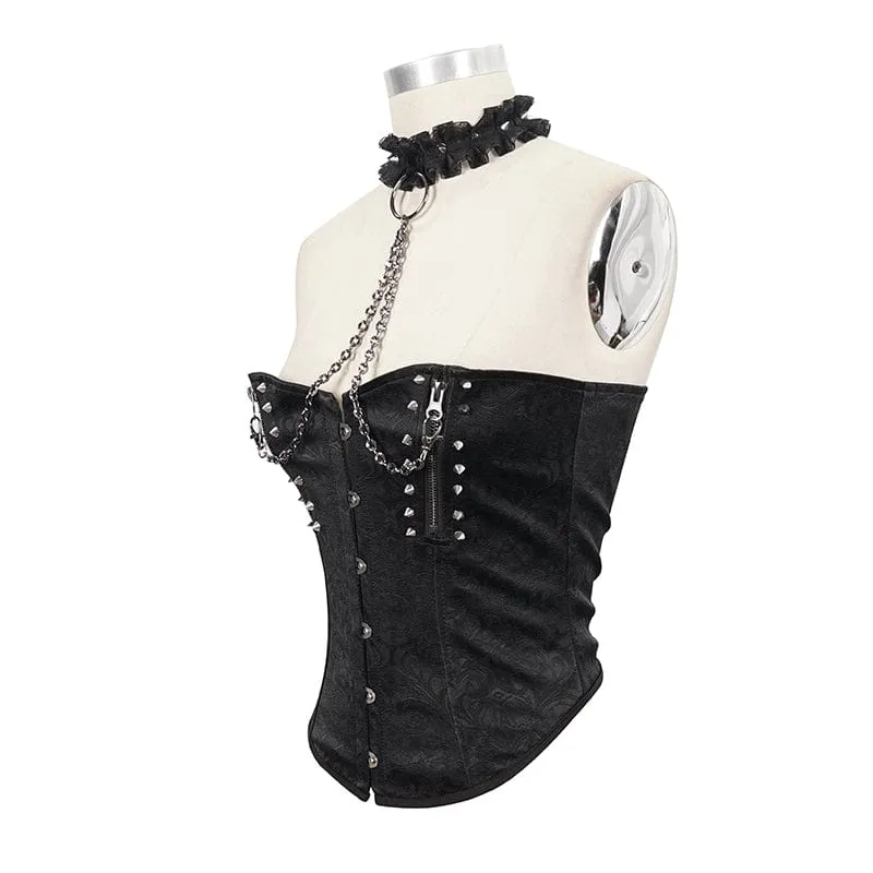 Damen-Gothic-Nieten-Blumen-Vollbrust-Korsetts mit Spitzen-Halsband