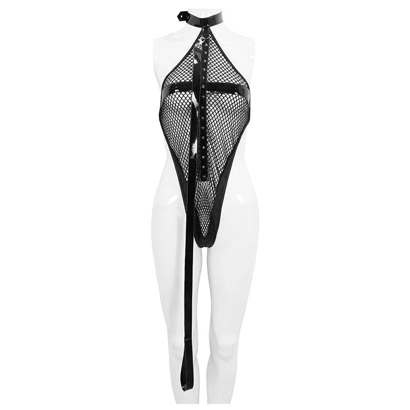 Gothic Sexy Mesh-Bodysuit für Damen mit Leine
