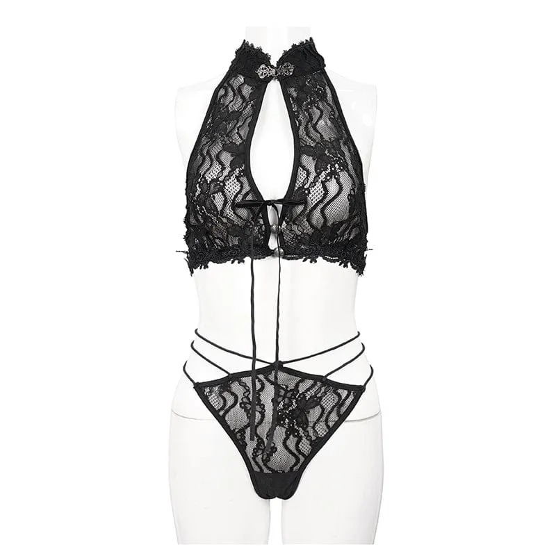 Gothic Neckholder-Spitzen-BH-Dessous-Set für Damen