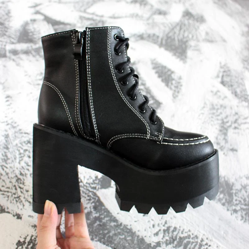 Damen Gothic Punk Plateaustiefel mit Schnürung und Reißverschluss