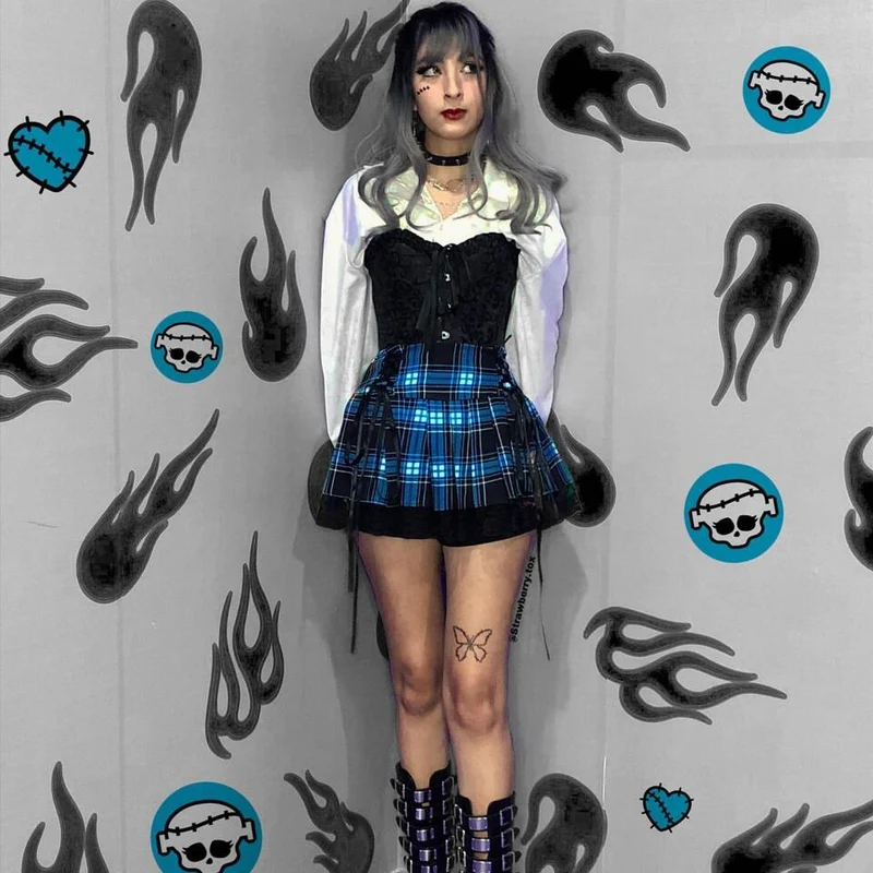 Damen Grunge Riemchen Spitzensaum Plissee Rock