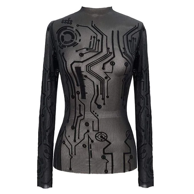Damen Gothic Full Sleeves High Neck Sheer Lace Tops